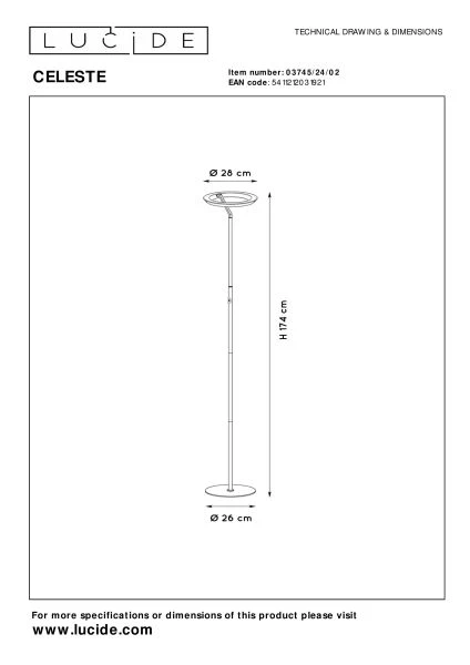 Lucide CELESTE - Lampadaire - Ø 28 cm - LED Dim. - 1x21W 2700K - Or Mat / Laiton - technique